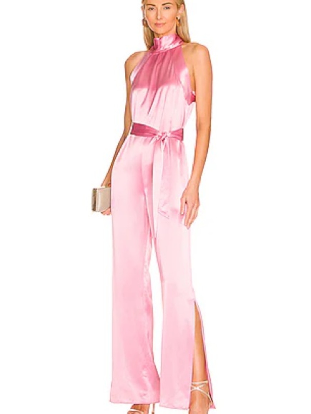 Revolve Something Navy Satin Halter Jumpsuit in Pink